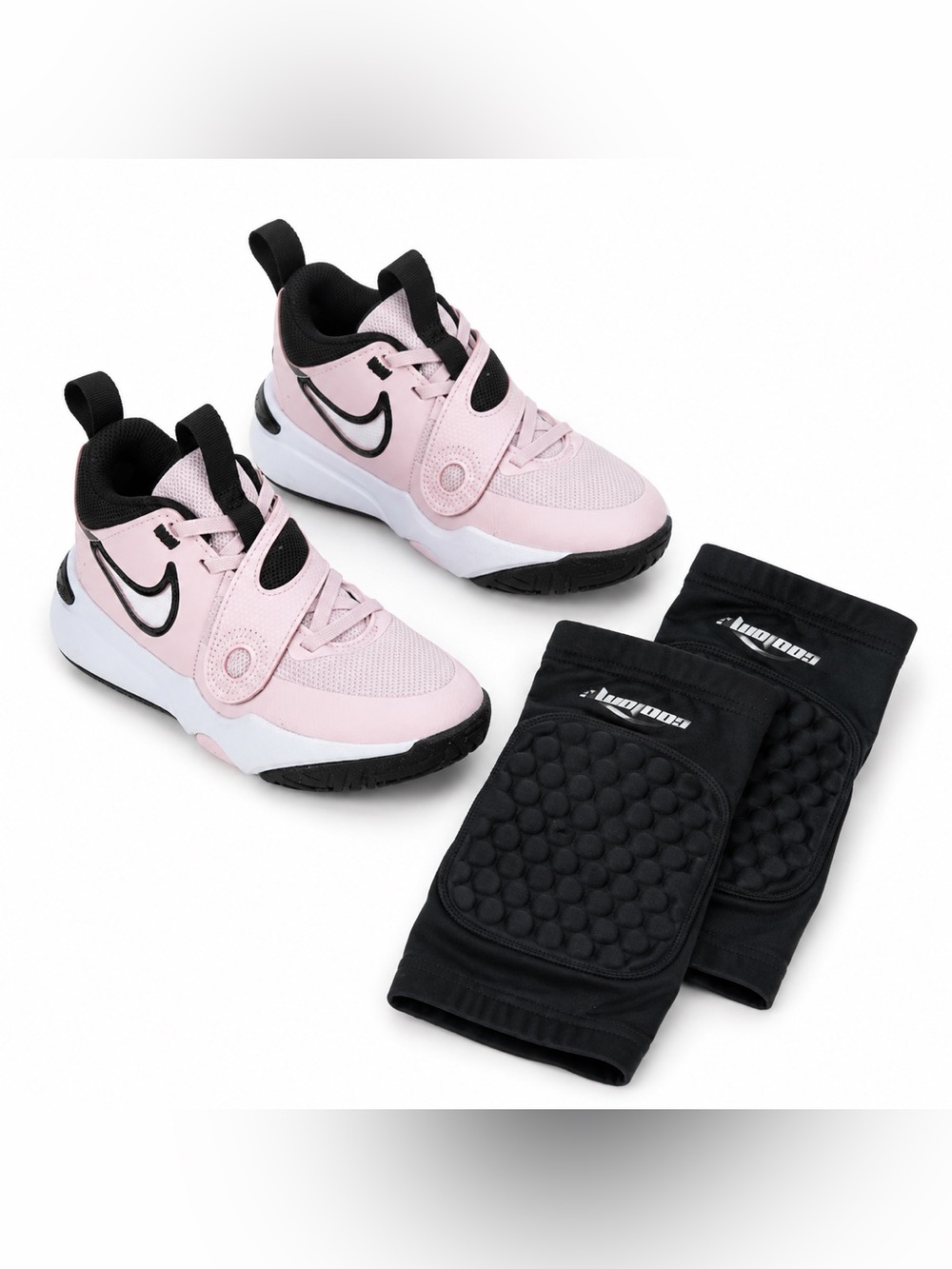Nike team hustle d11 girls light pink basketball shoes size 2‎ and knee pads